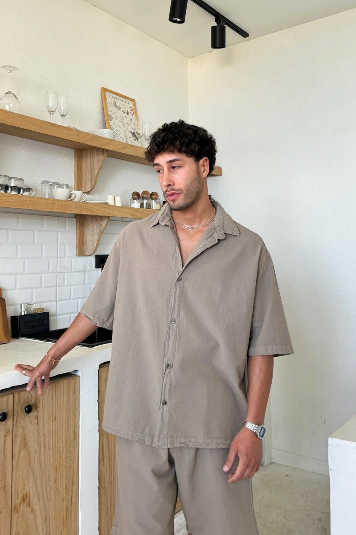 Basic Oversize Kısa Kol Keten Gömlek Kahverengi