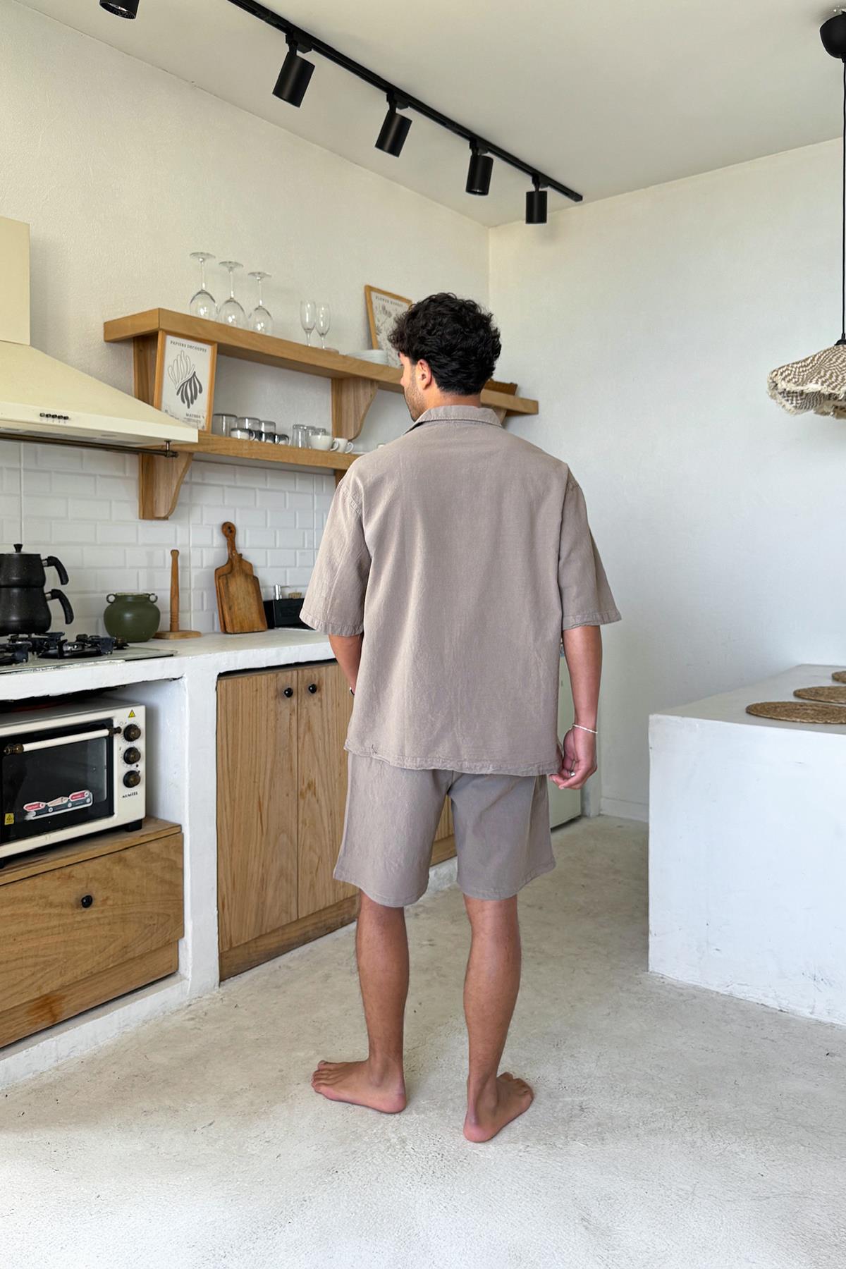 Basic Oversize Kısa Kol Keten Gömlek Kahverengi