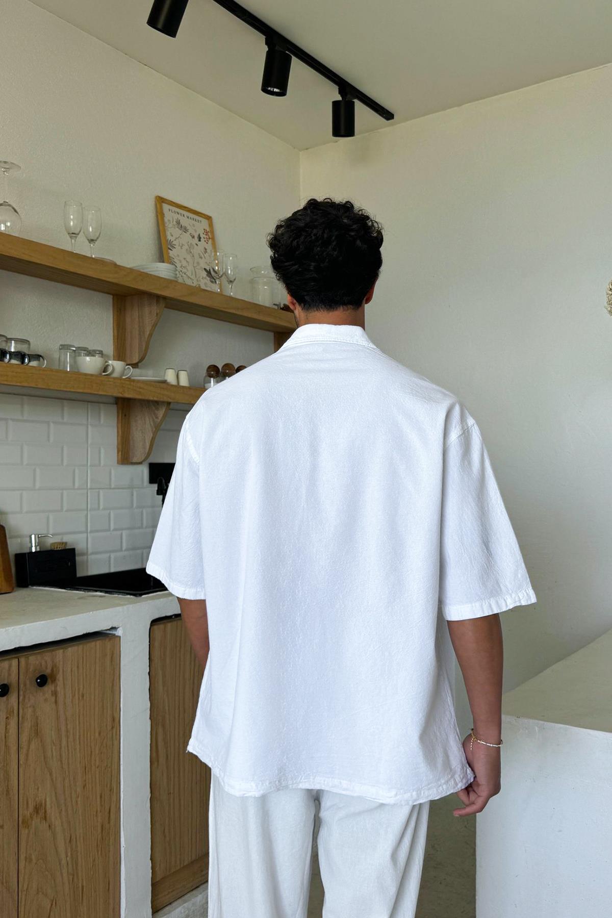 Basic Oversize Kısa Kol Keten Gömlek Beyaz