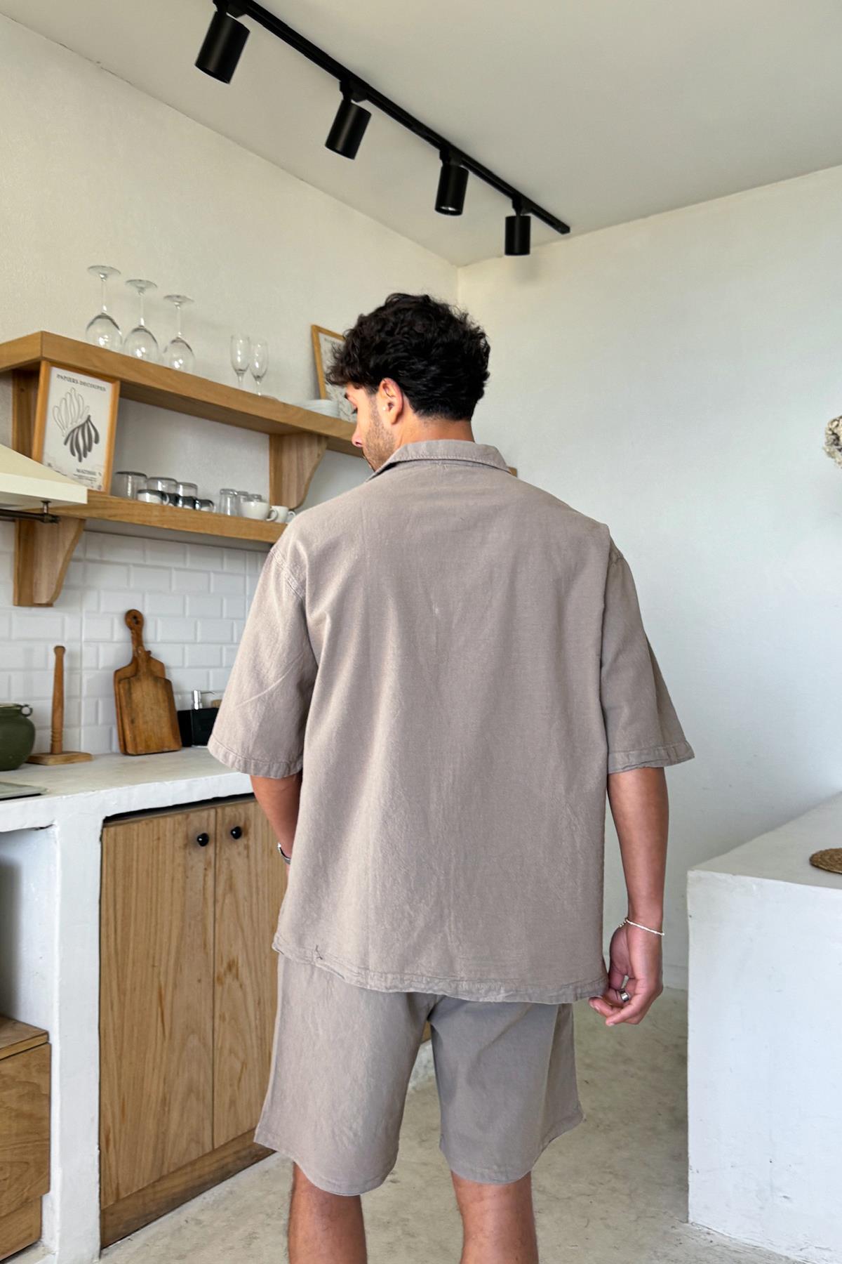 Basic Oversize Kısa Kol Keten Gömlek Kahverengi