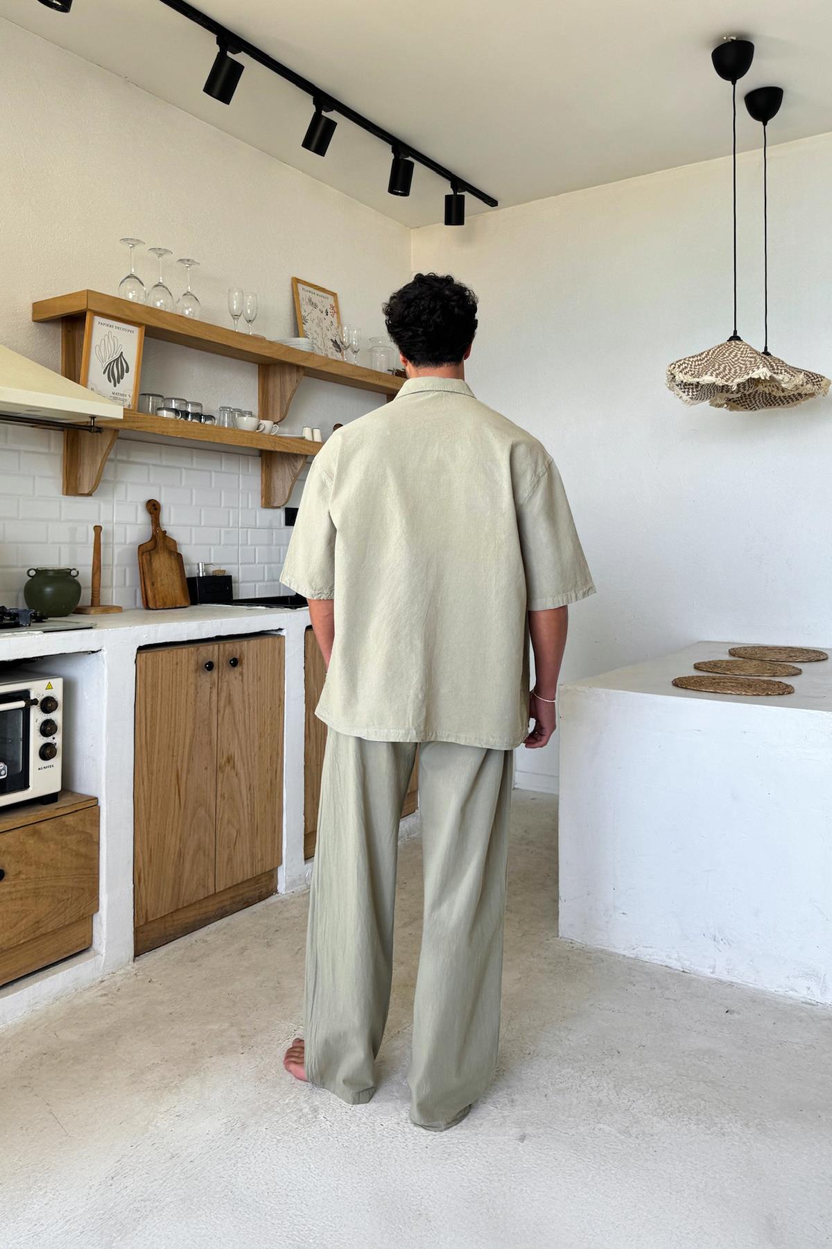 Basic Oversize Kısa Kol Keten Gömlek Haki