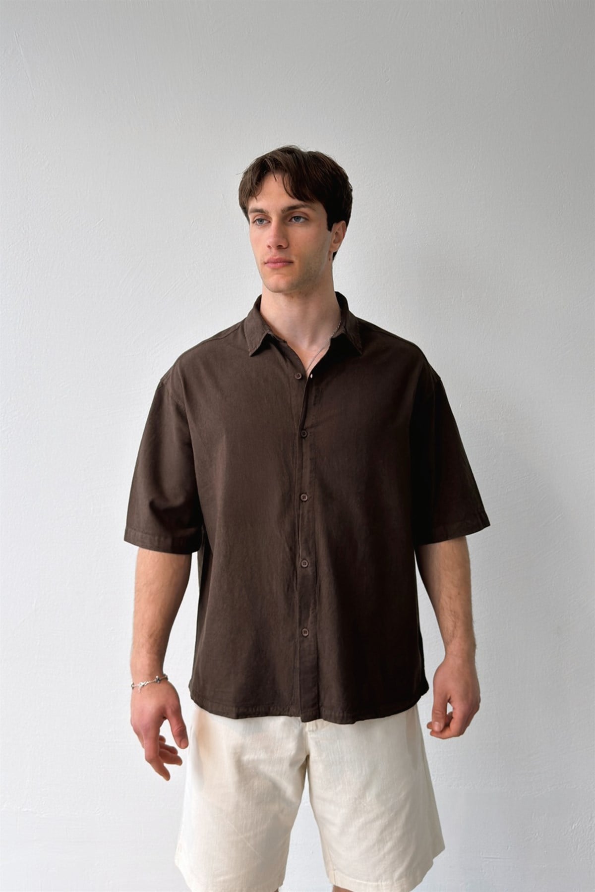 Basic Oversize Kısa Kol Keten Gömlek Koyu Kahve