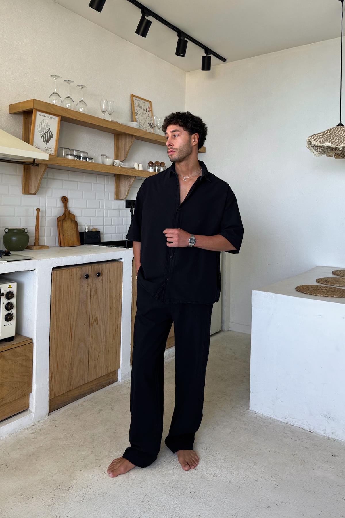 Basic Oversize Kısa Kol Keten Gömlek Siyah