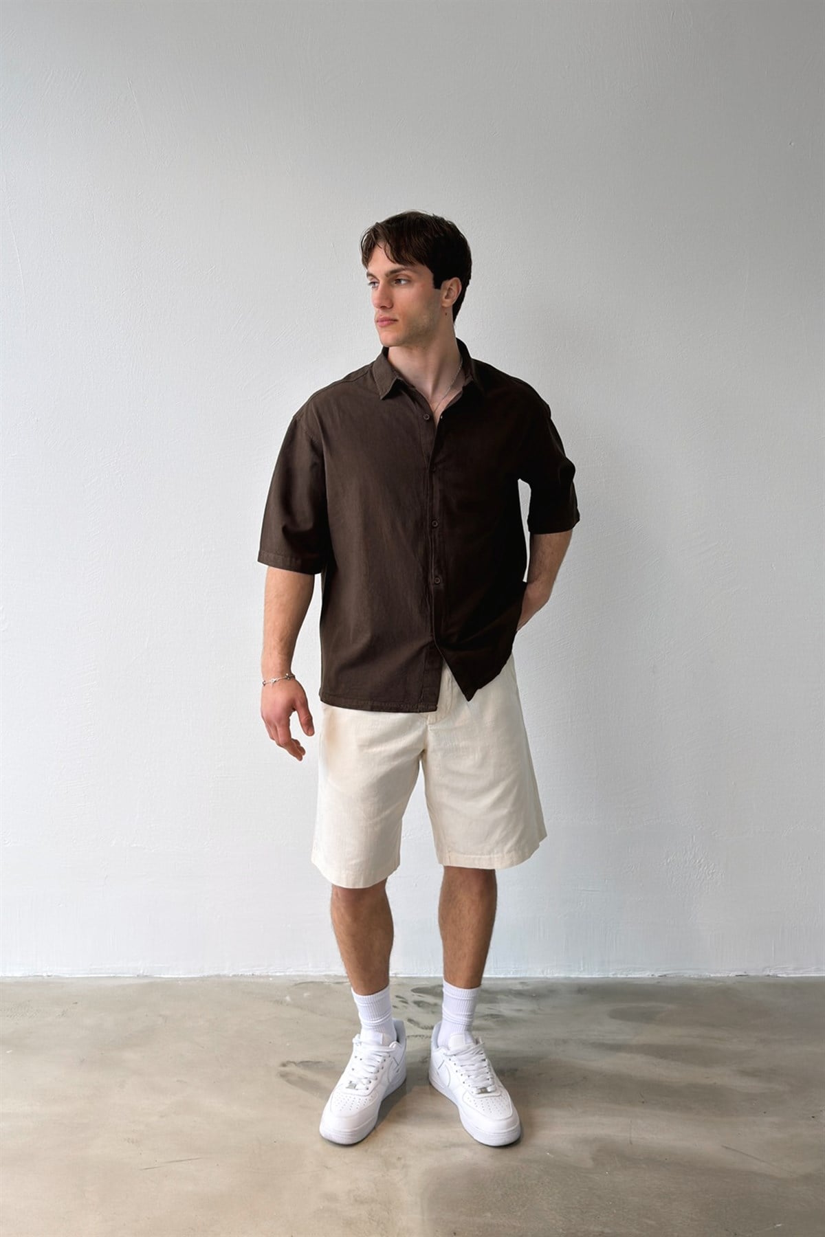 Basic Oversize Kısa Kol Keten Gömlek Koyu Kahve