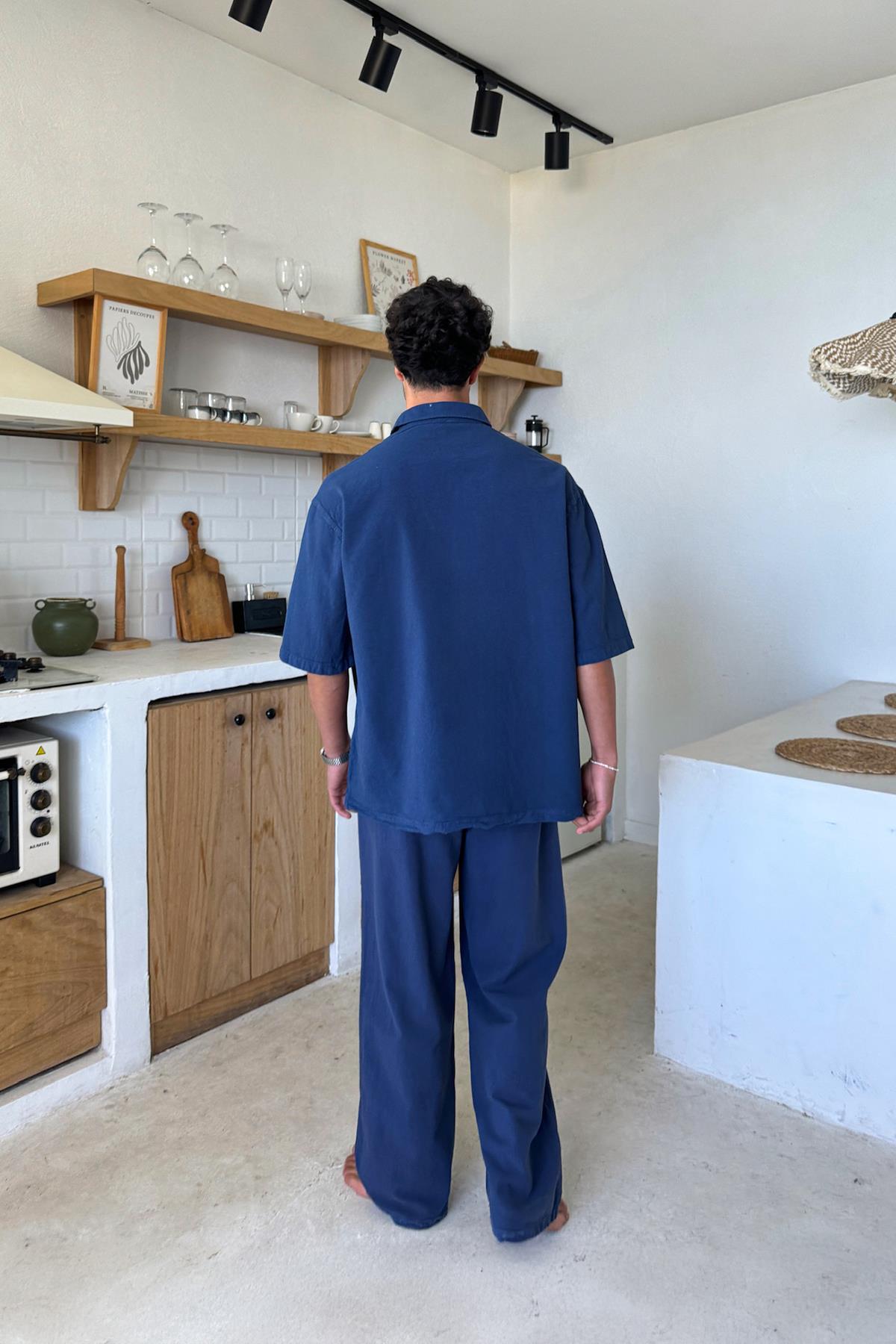 Basic Oversize Kısa Kol Keten Gömlek Lacivert