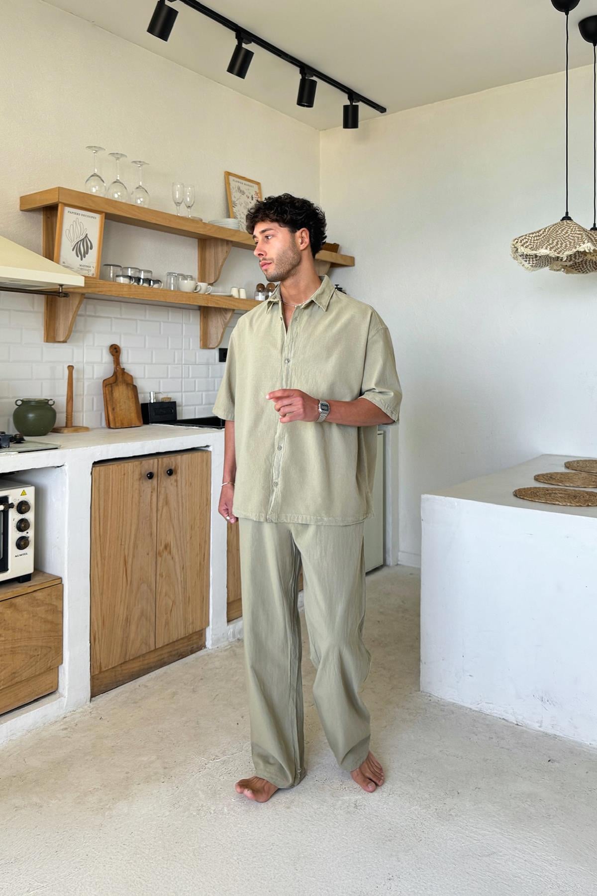 Basic Oversize Kısa Kol Keten Gömlek Haki