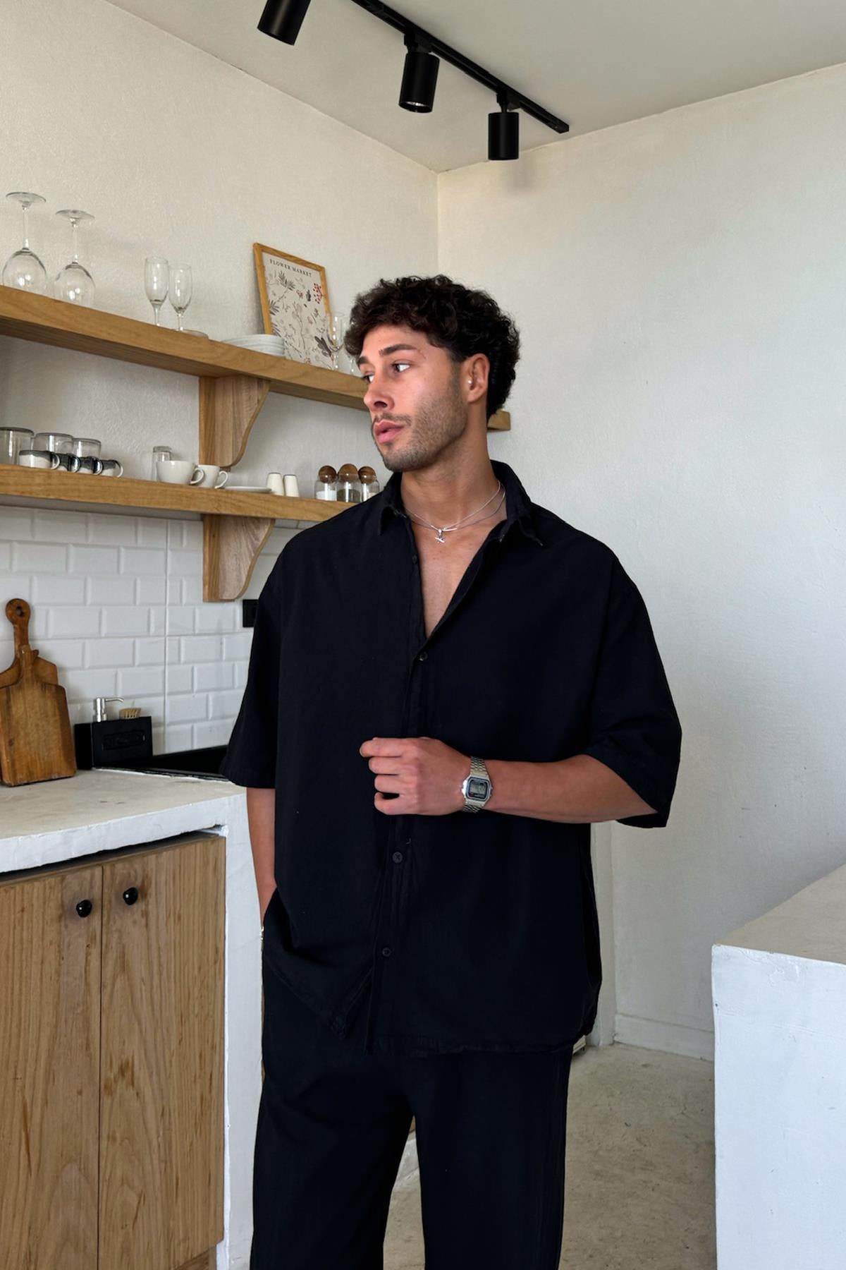 Basic Oversize Kısa Kol Keten Gömlek Siyah