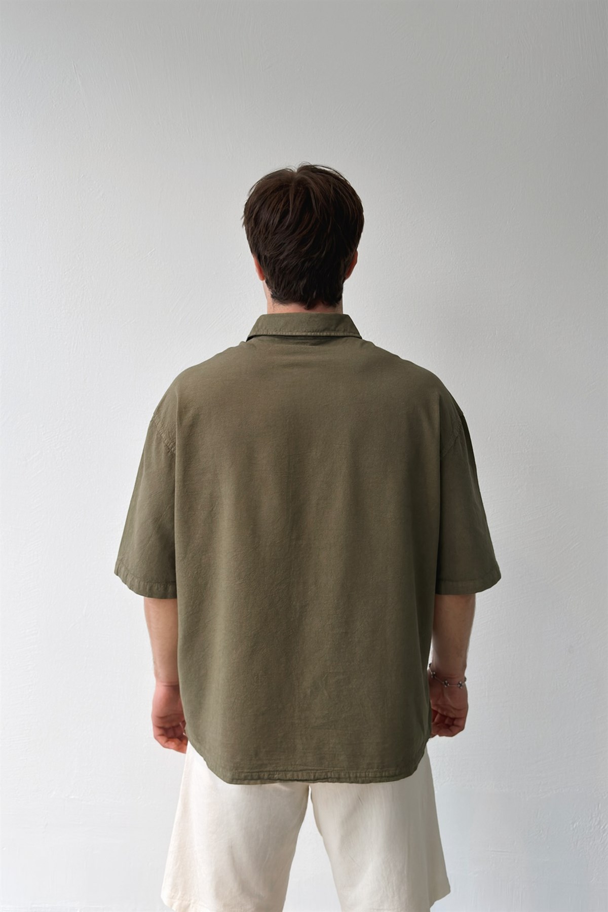 Basic Oversize Kısa Kol Keten Gömlek Koyu Haki