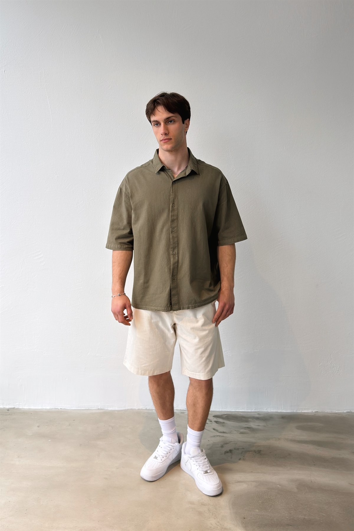 Basic Oversize Kısa Kol Keten Gömlek Koyu Haki