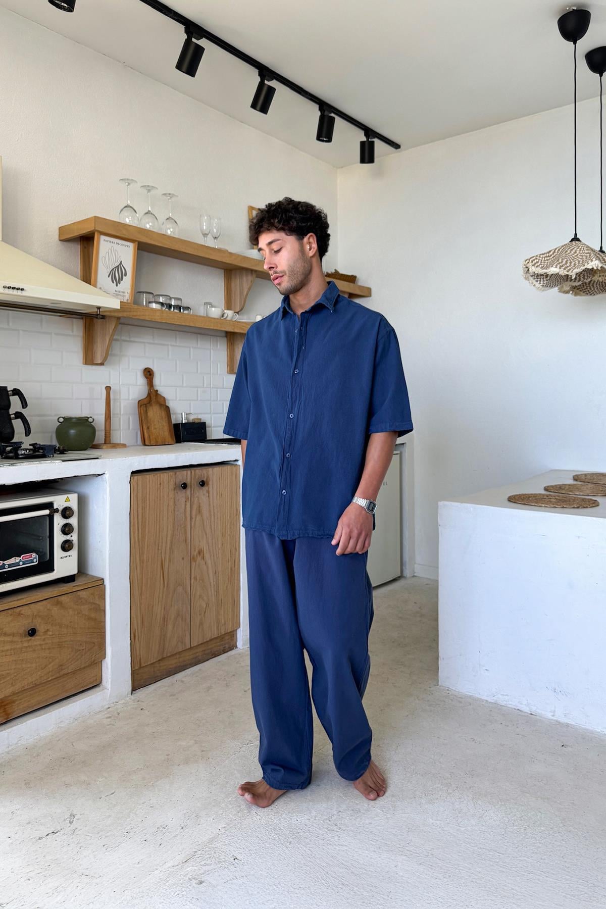 Basic Oversize Kısa Kol Keten Gömlek Lacivert