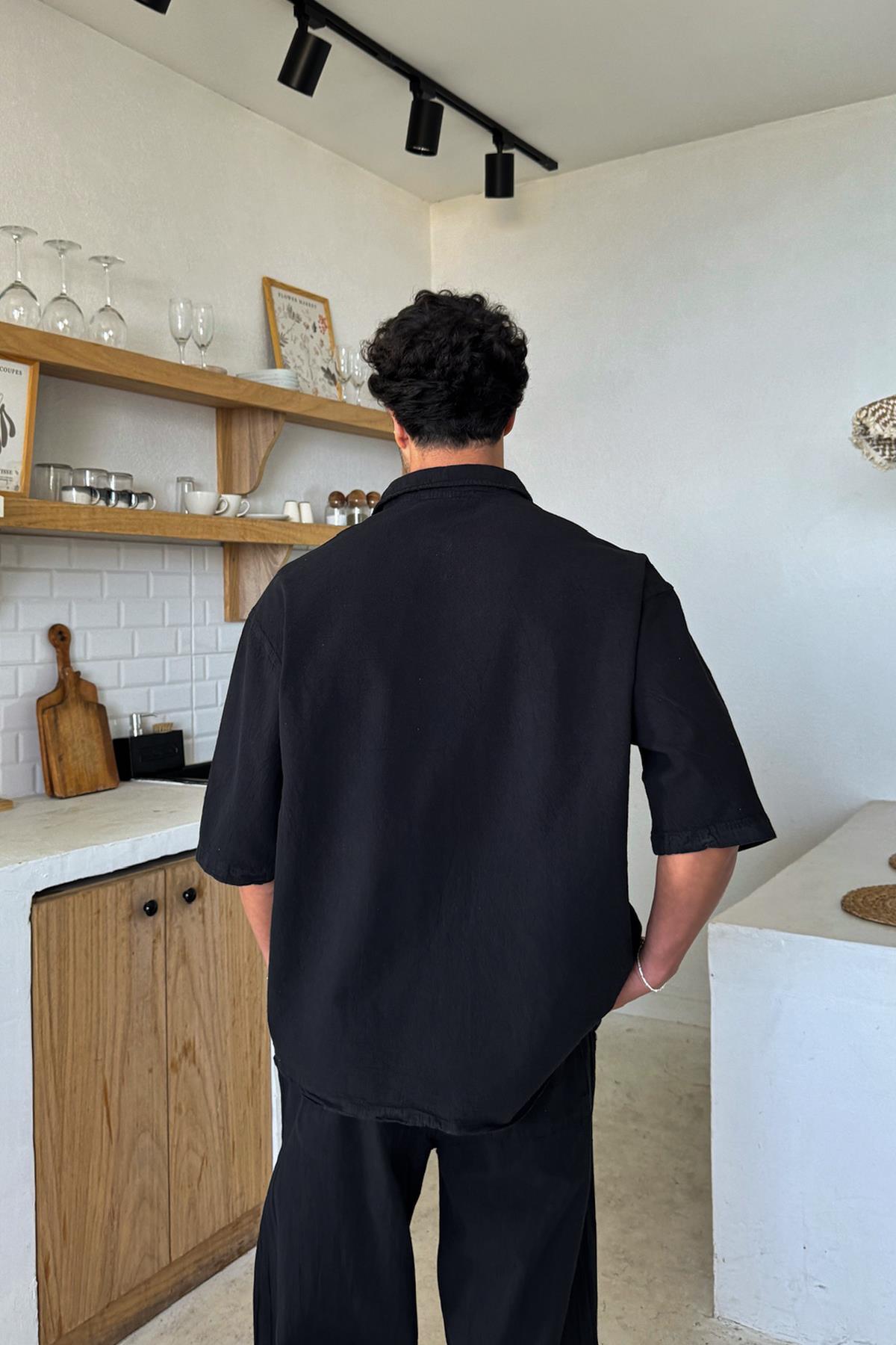 Basic Oversize Kısa Kol Keten Gömlek Siyah