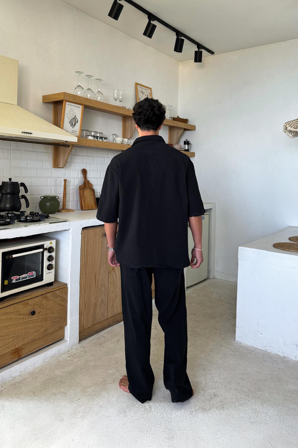 Basic Oversize Kısa Kol Keten Gömlek Siyah