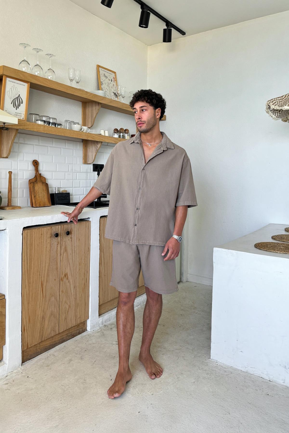 Basic Oversize Kısa Kol Keten Gömlek Kahverengi