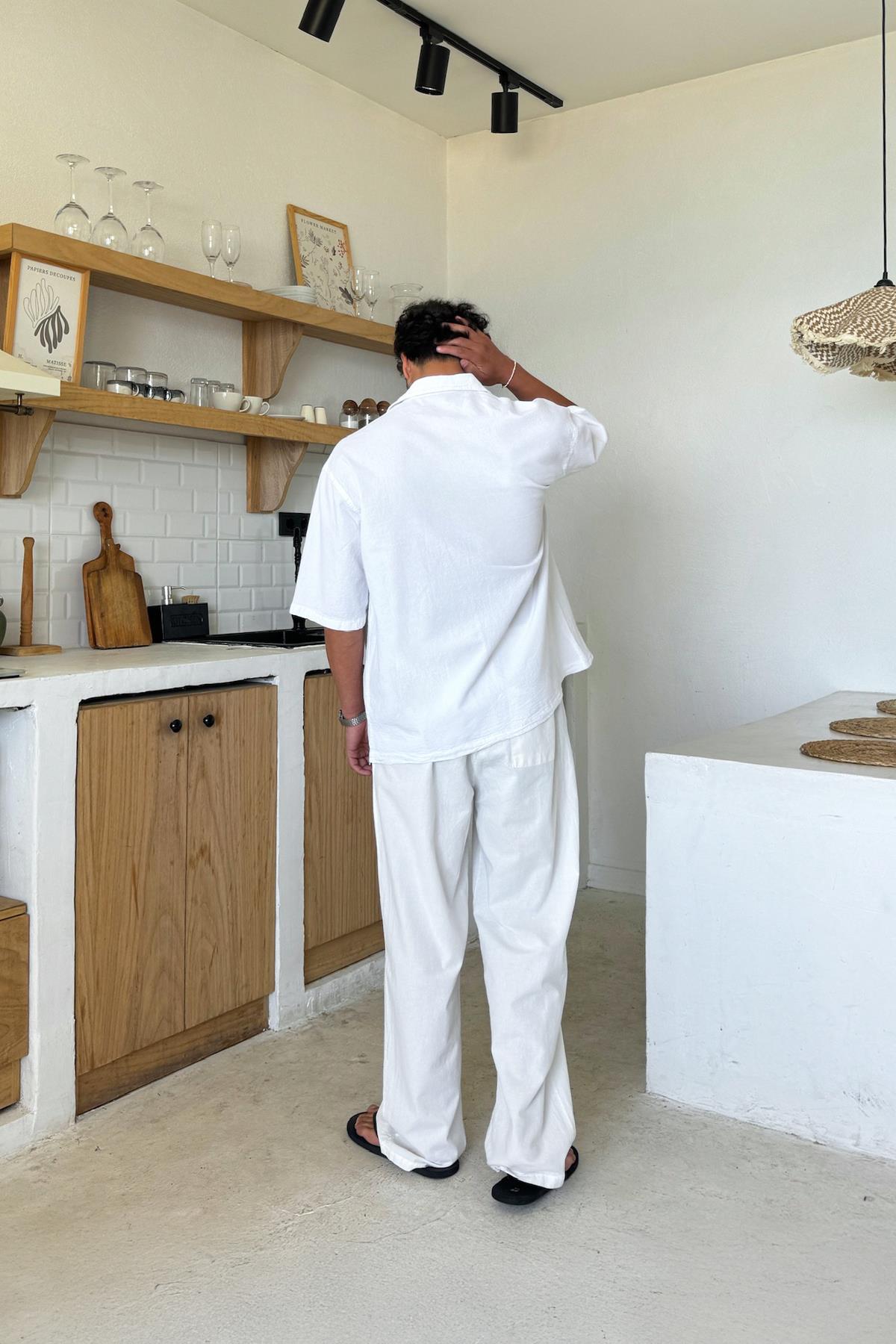 Basic Oversize Kısa Kol Keten Gömlek Beyaz