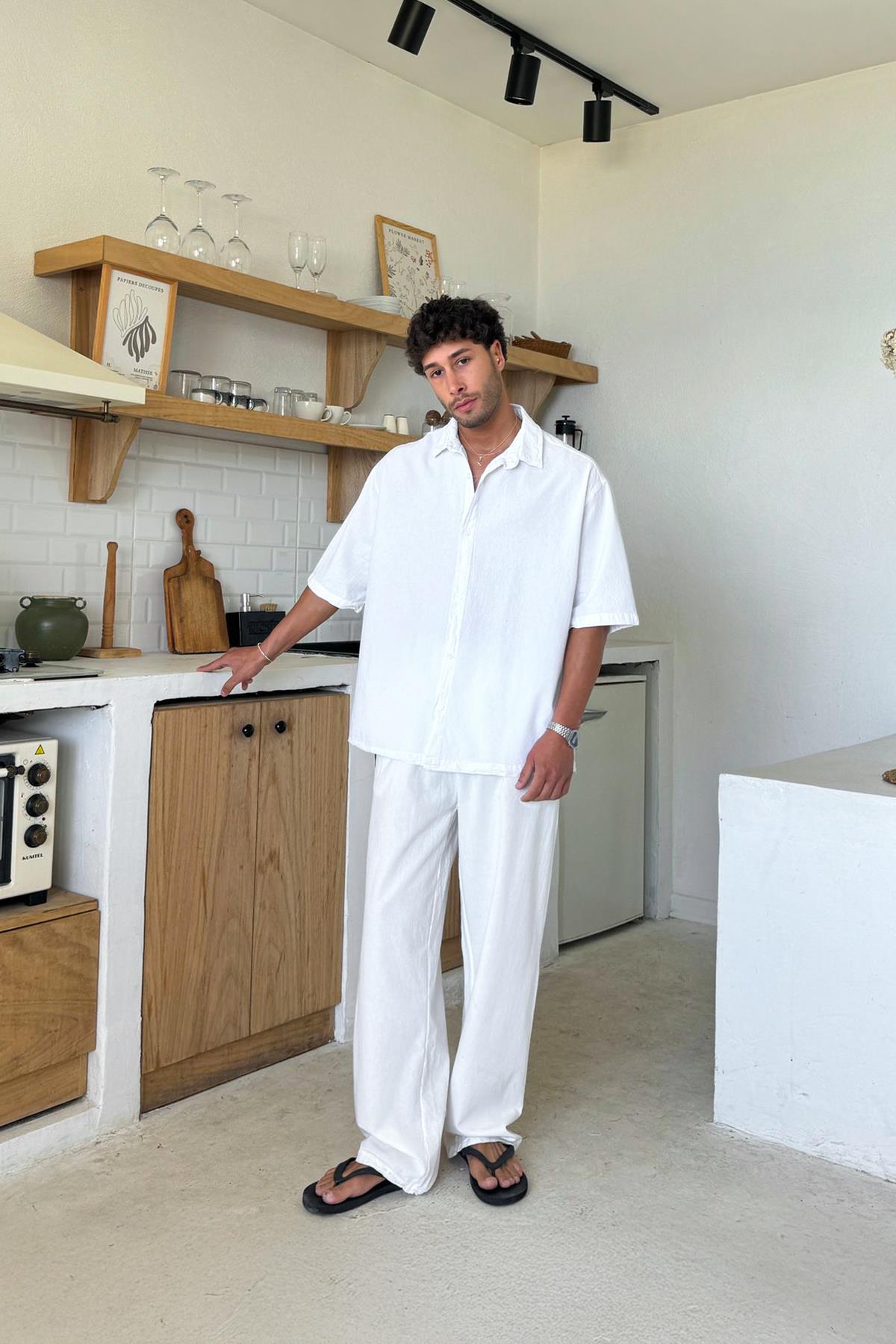 Basic Oversize Kısa Kol Keten Gömlek Beyaz