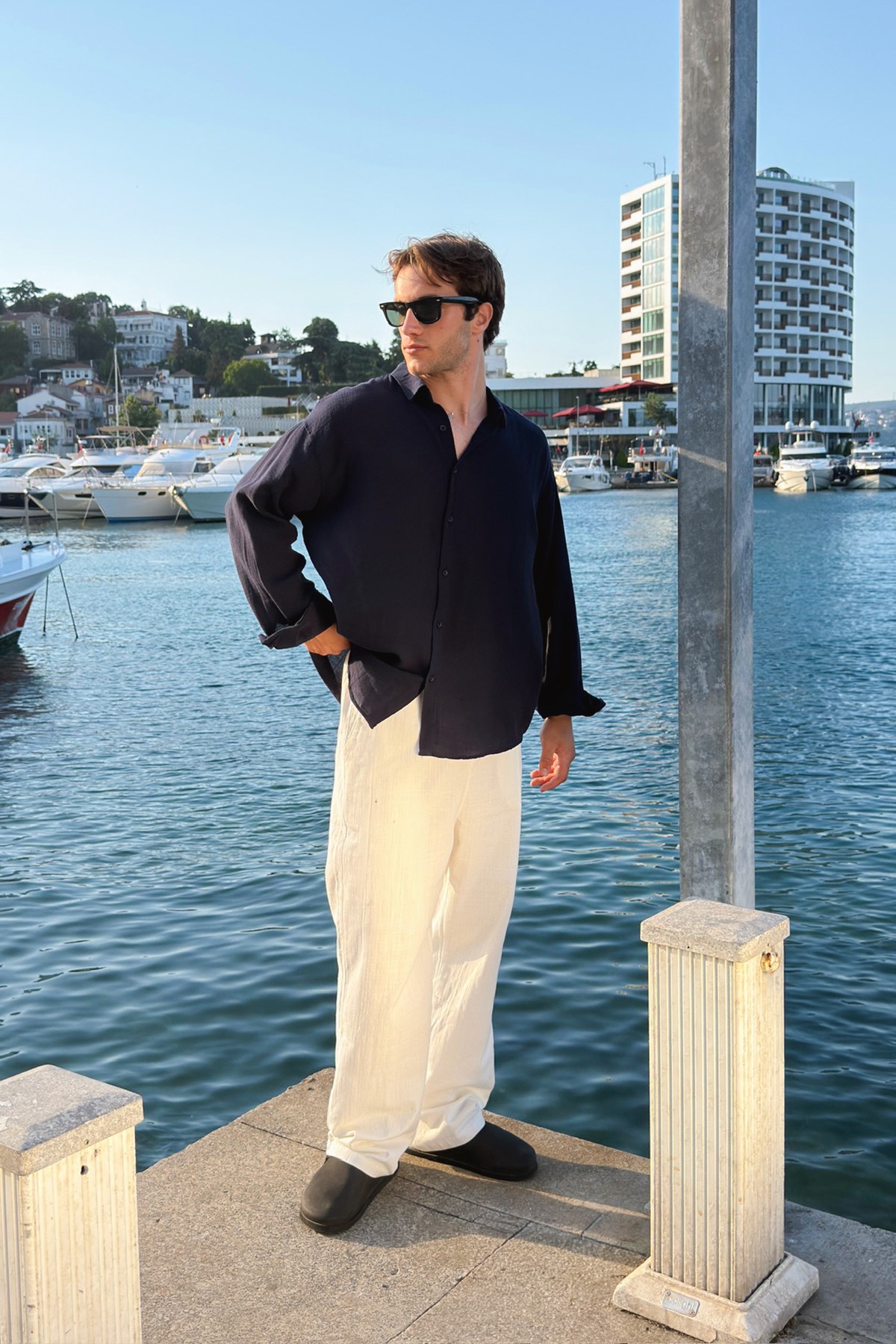 Basic Oversize Lacivert Ham Keten Gömlek