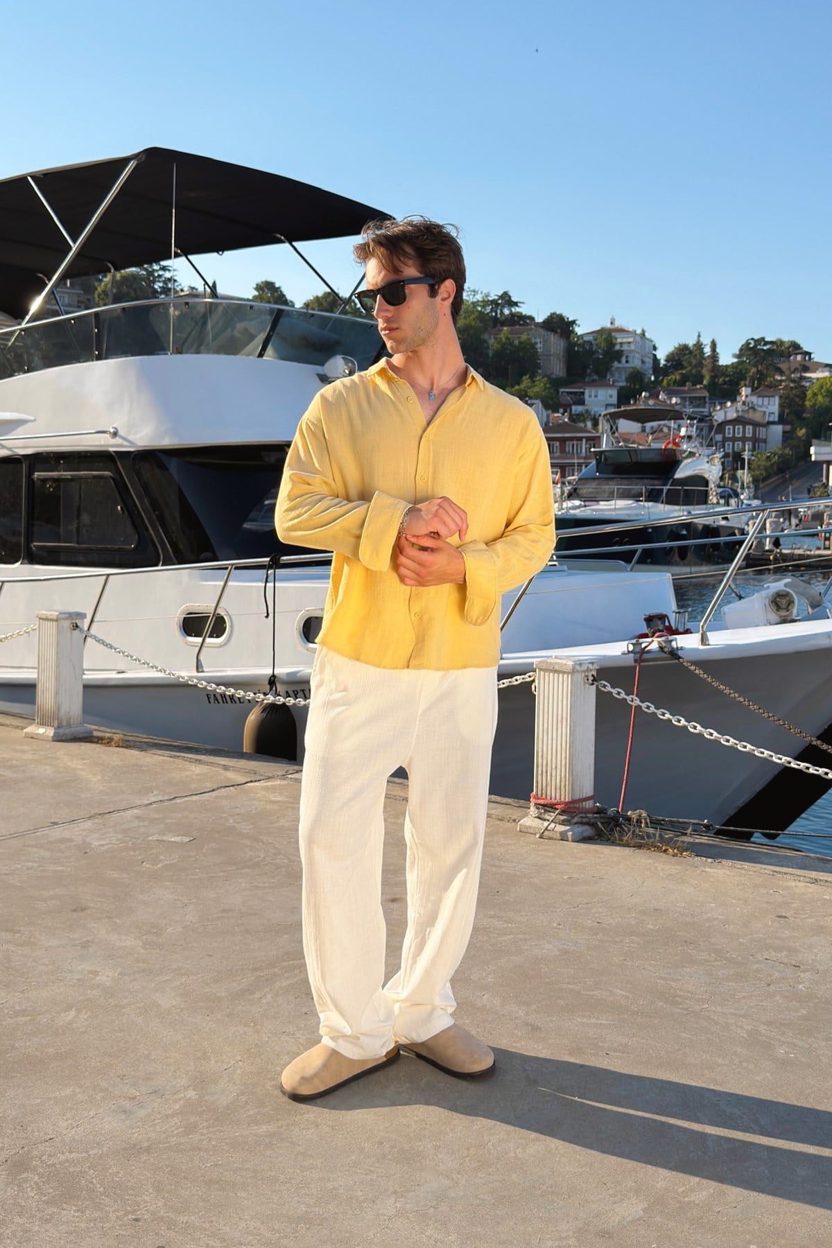 Basic Oversize Sarı Ham Keten Gömlek