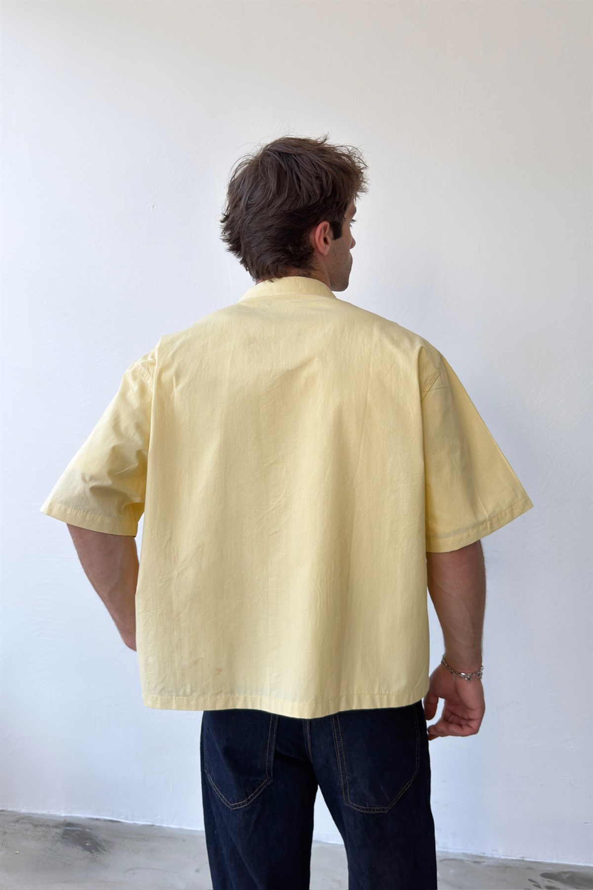 Basic Oversize Sarı Poplin Crop Gömlek