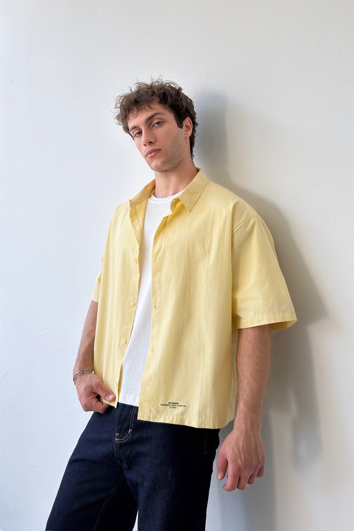 Basic Oversize Sarı Poplin Crop Gömlek