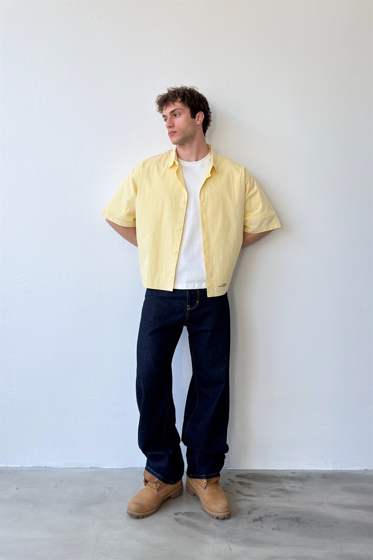 Basic Oversize Sarı Poplin Crop Gömlek