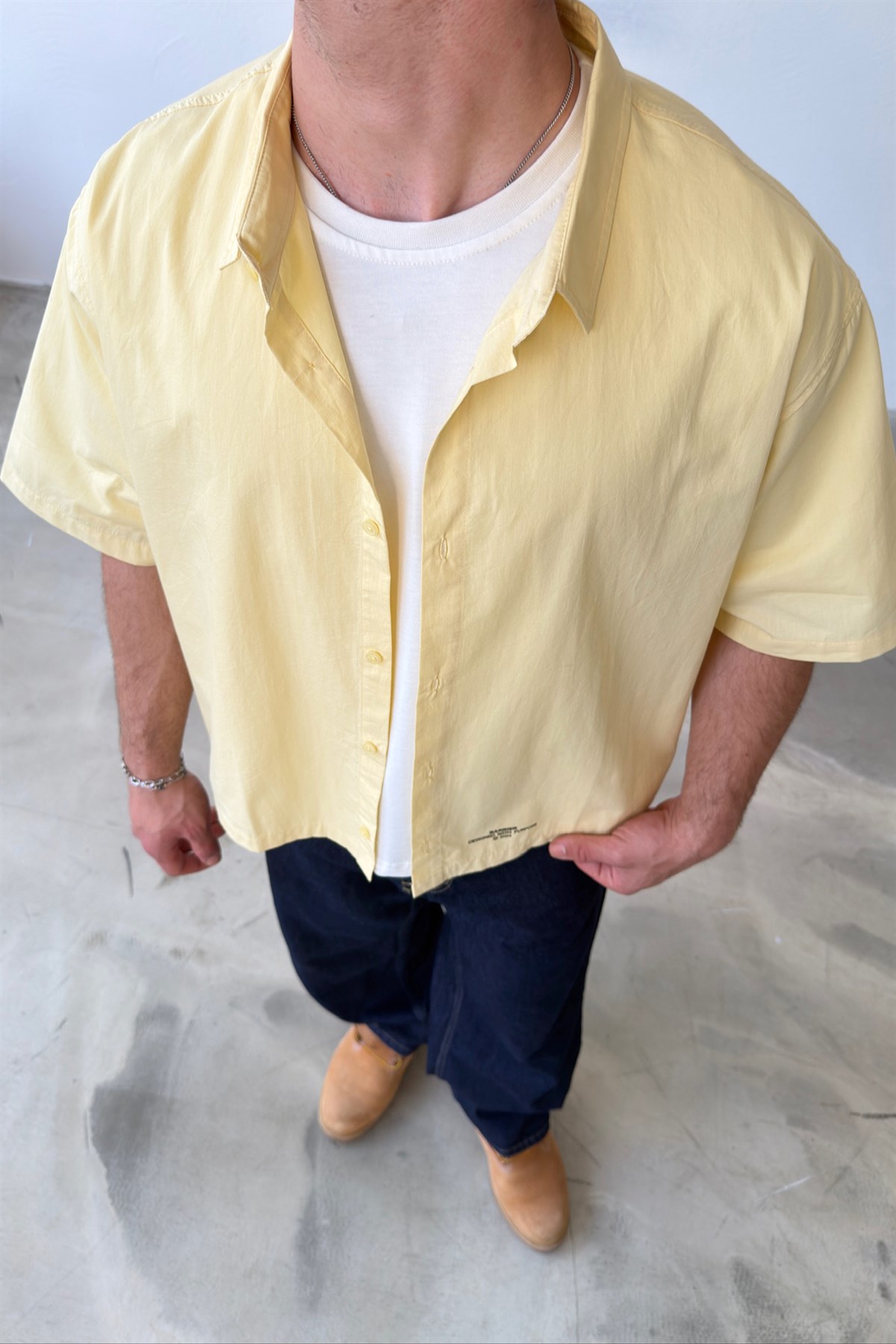 Basic Oversize Sarı Poplin Crop Gömlek