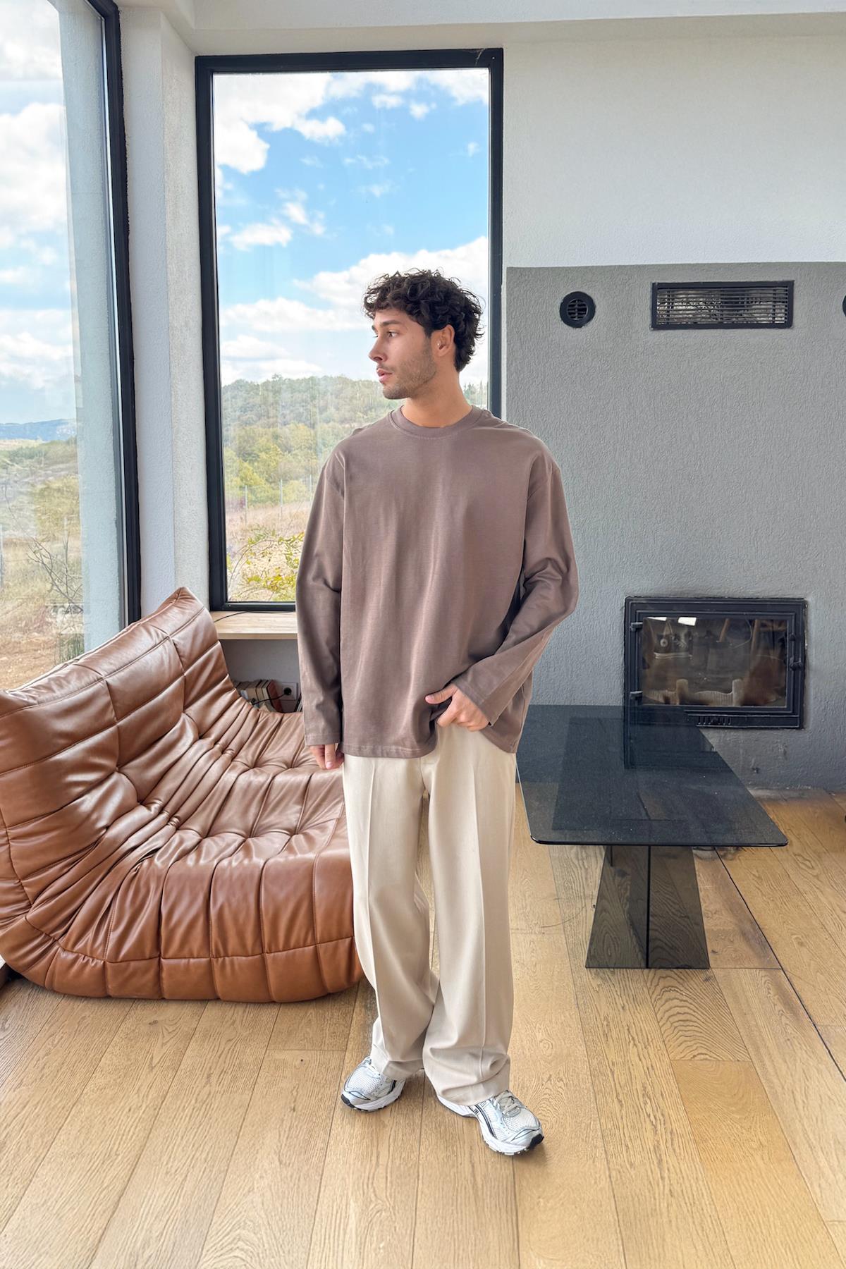 Basic Oversize Uzun Kol Tişört Kahverengi