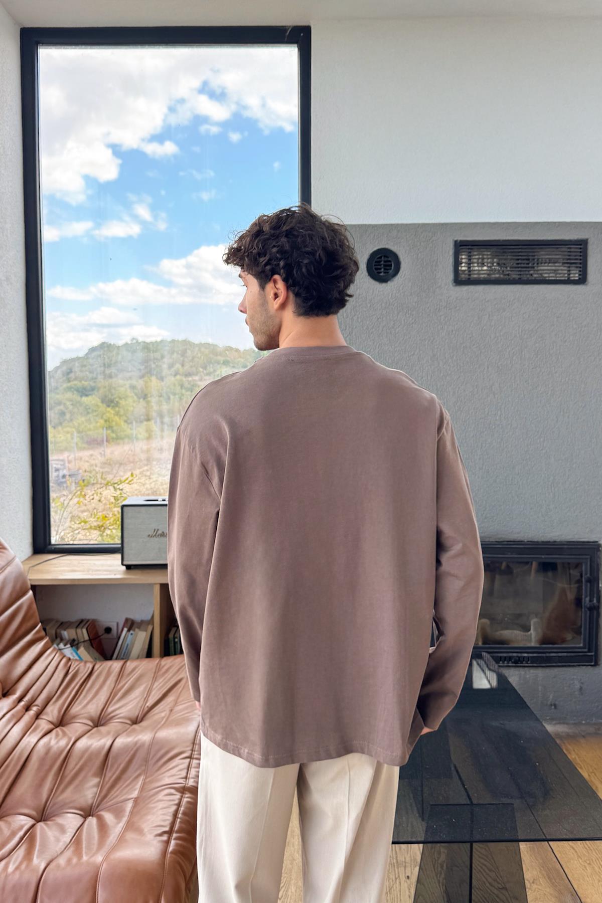 Basic Oversize Uzun Kol Tişört Kahverengi