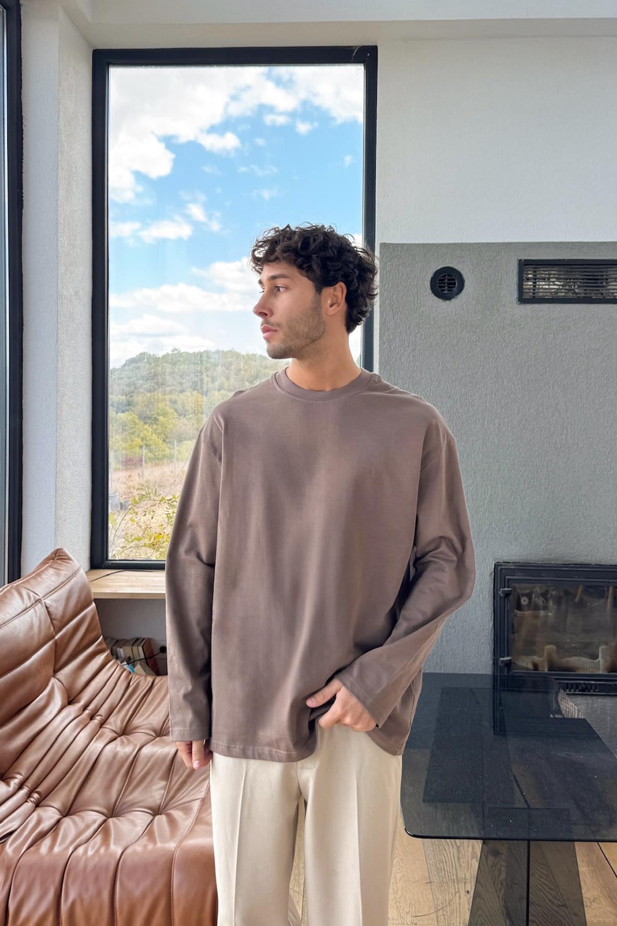 Basic Oversize Uzun Kol Tişört Kahverengi