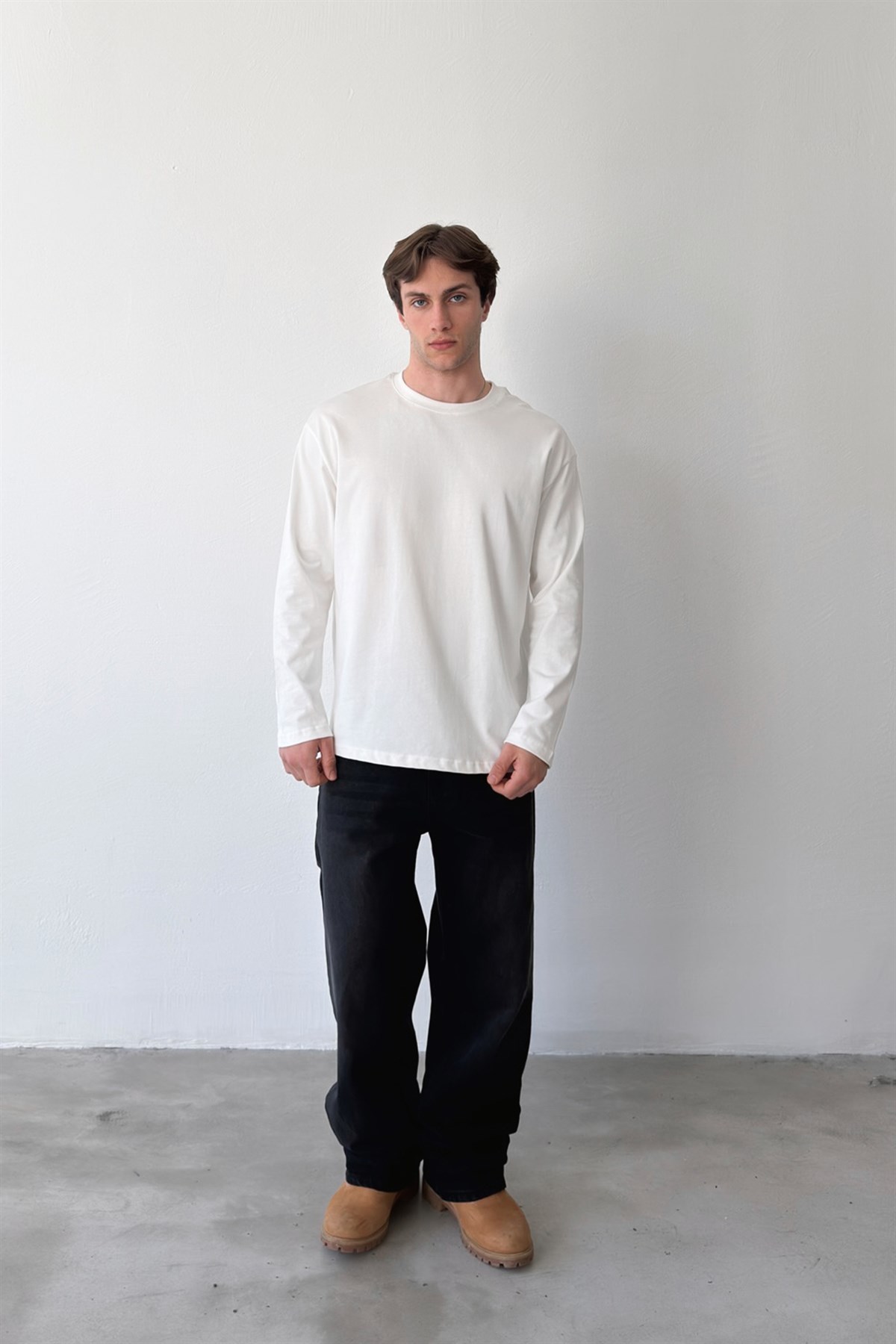 Basic Oversize Uzun Kol Tişört Ekru