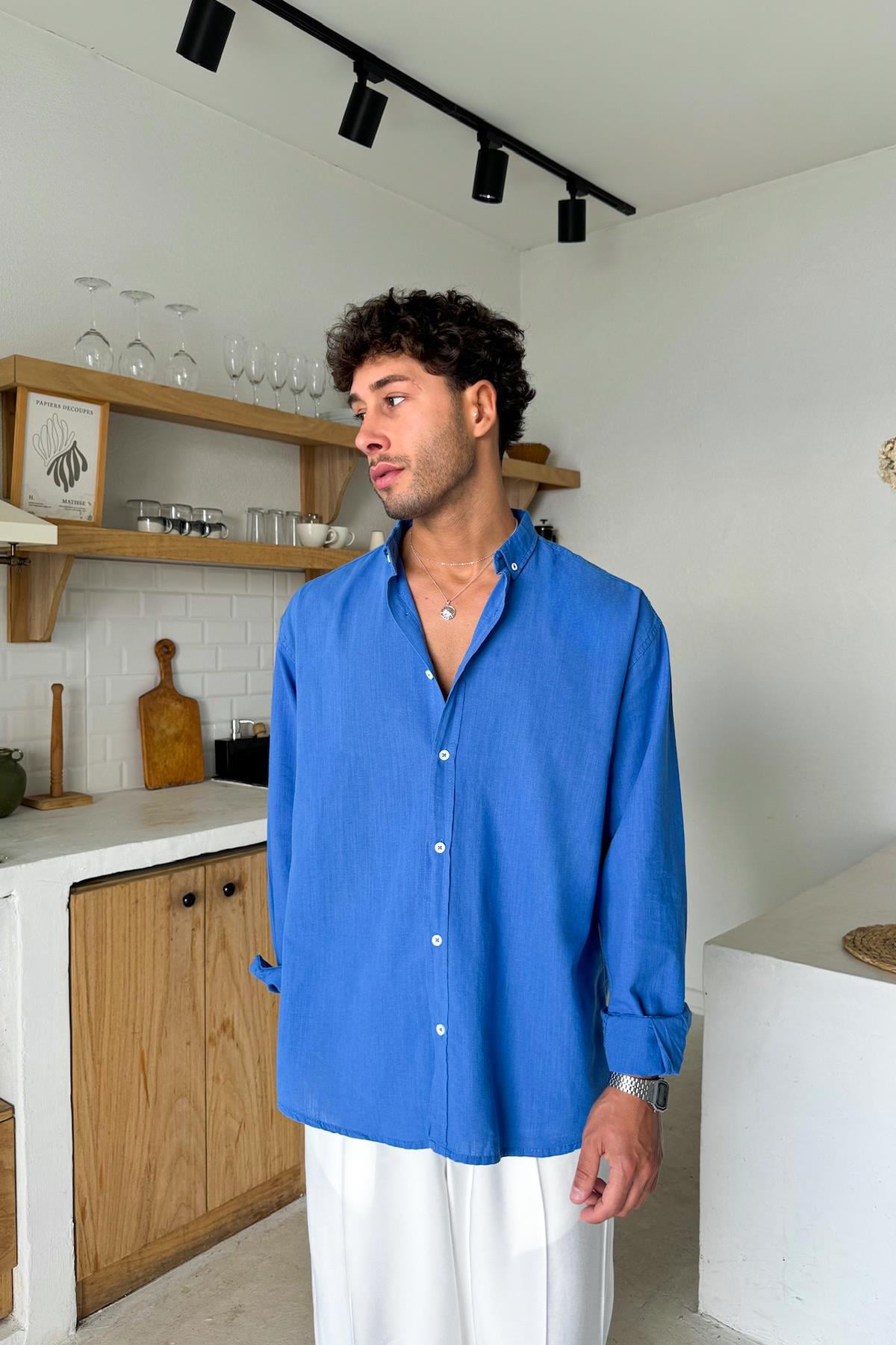 Basic Keten Gömlek Saks Mavi