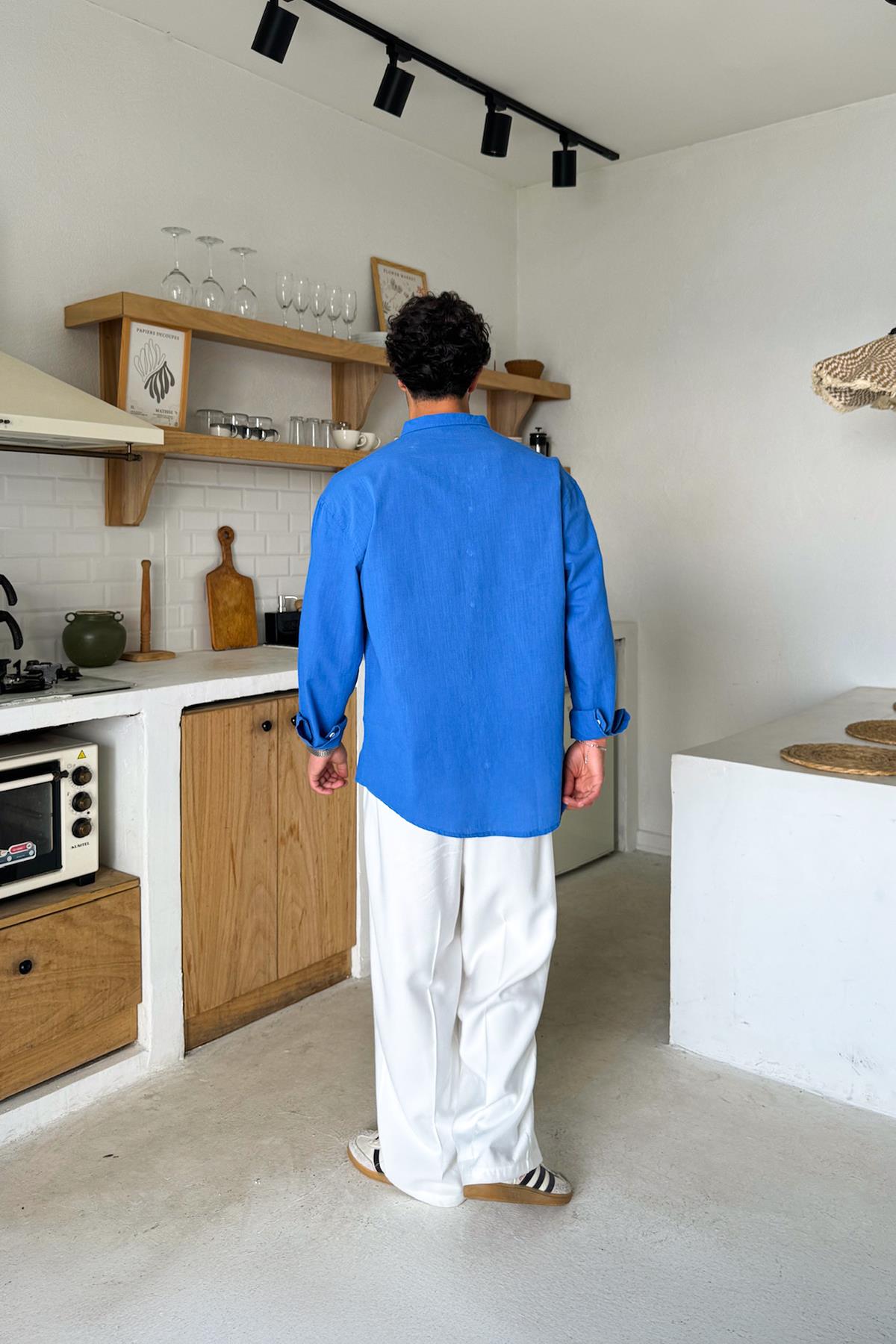 Basic Keten Gömlek Saks Mavi