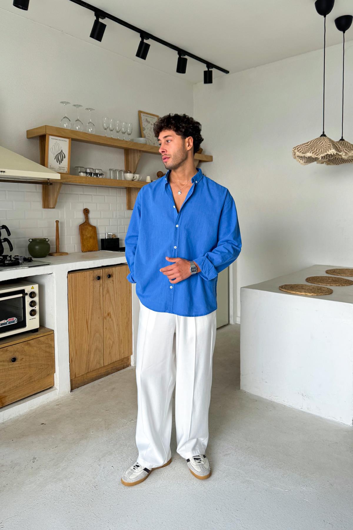 Basic Keten Gömlek Saks Mavi