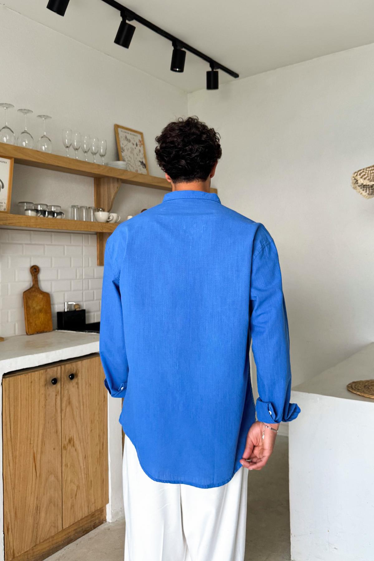 Basic Keten Gömlek Saks Mavi