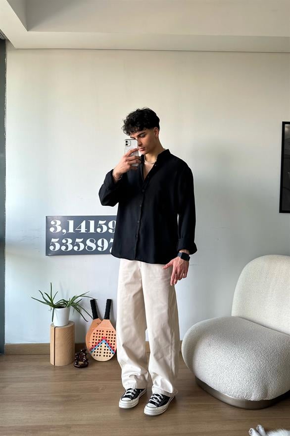 Basic Siyah Uzun Kollu Siyah Oversize Gömlek