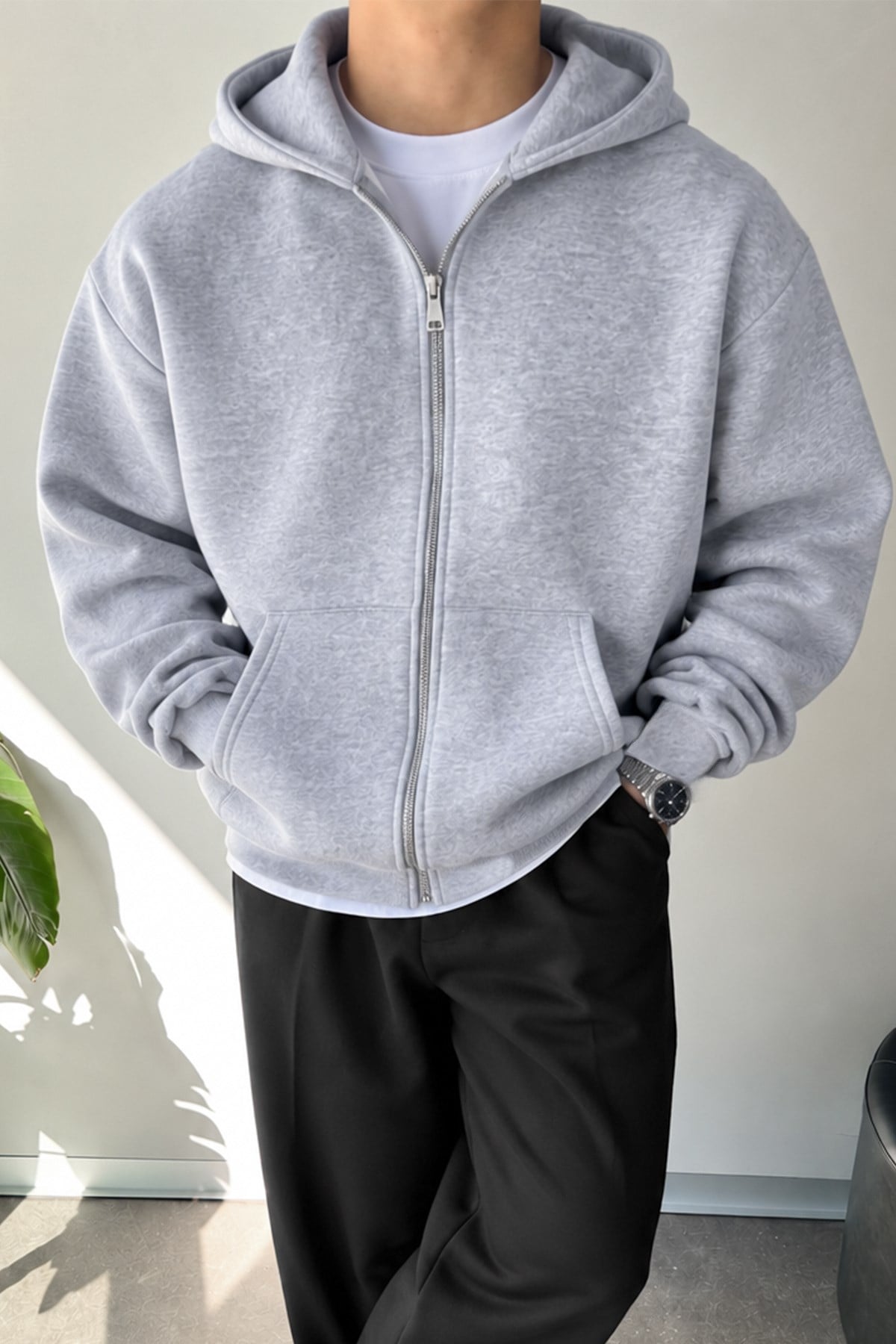 Basic Zip Hoodie Gri Melanj
