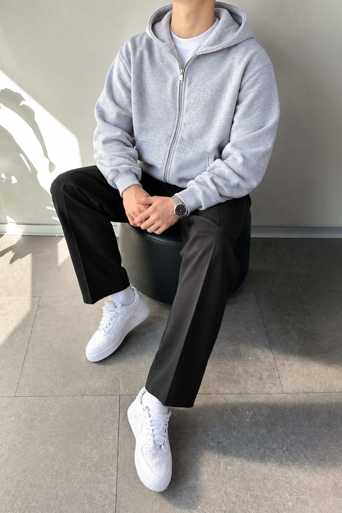 Basic Zip Hoodie Gri Melanj