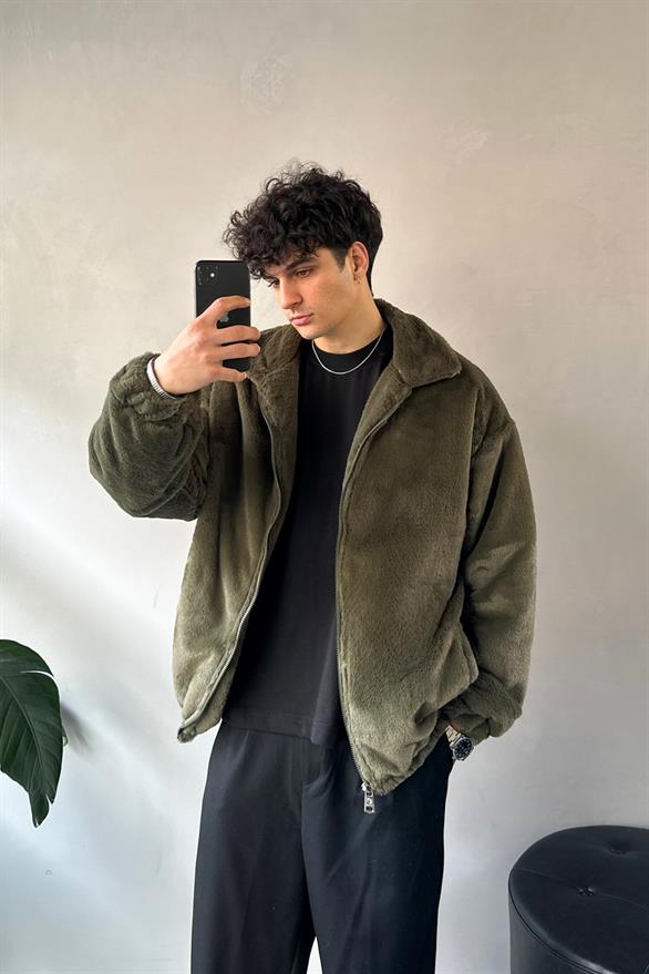 Basic Zip Oversize Haki Peluş Ceket