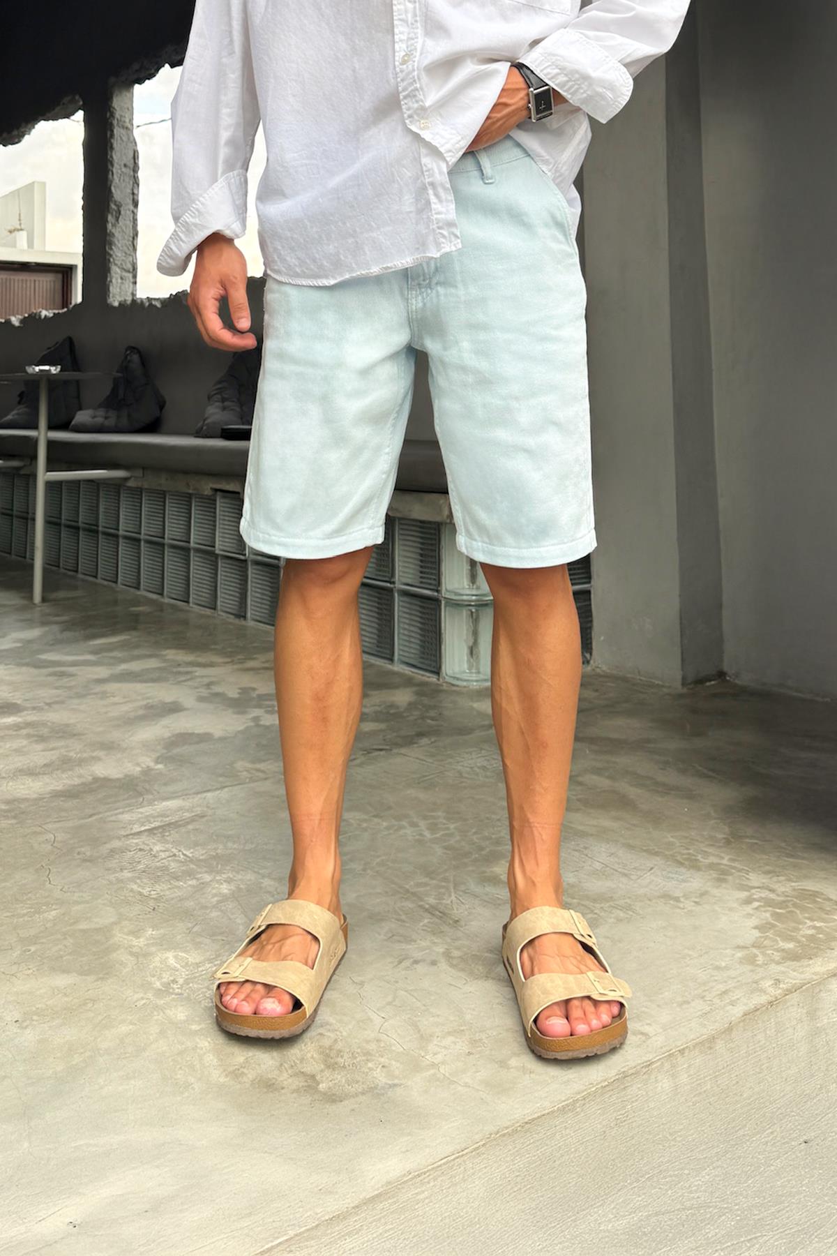 Bel Bağcıklı Gabardin Şort Mavi