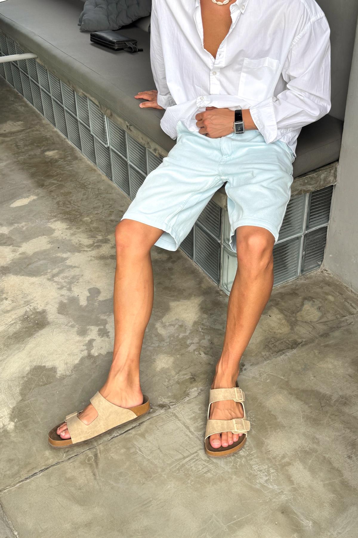 Bel Bağcıklı Gabardin Şort Mavi