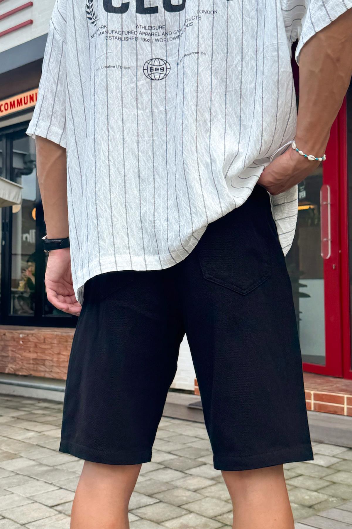 Bel Bağcıklı Gabardin Şort Siyah