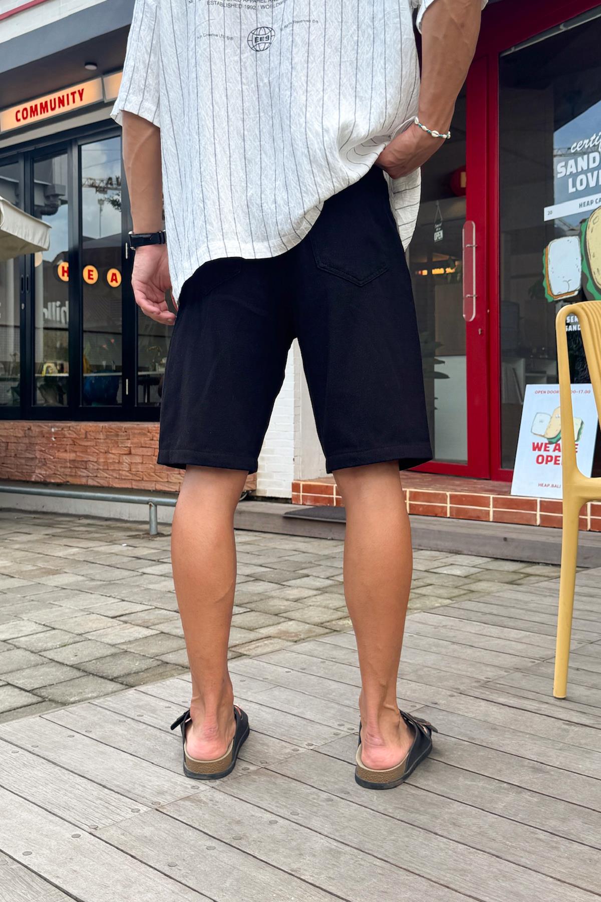 Bel Bağcıklı Gabardin Şort Siyah