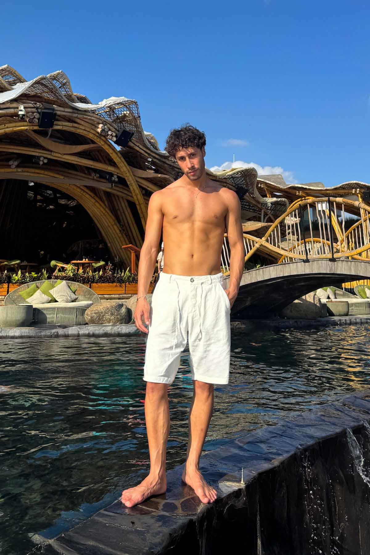 Bel Bağcıklı Keten Şort Ekru