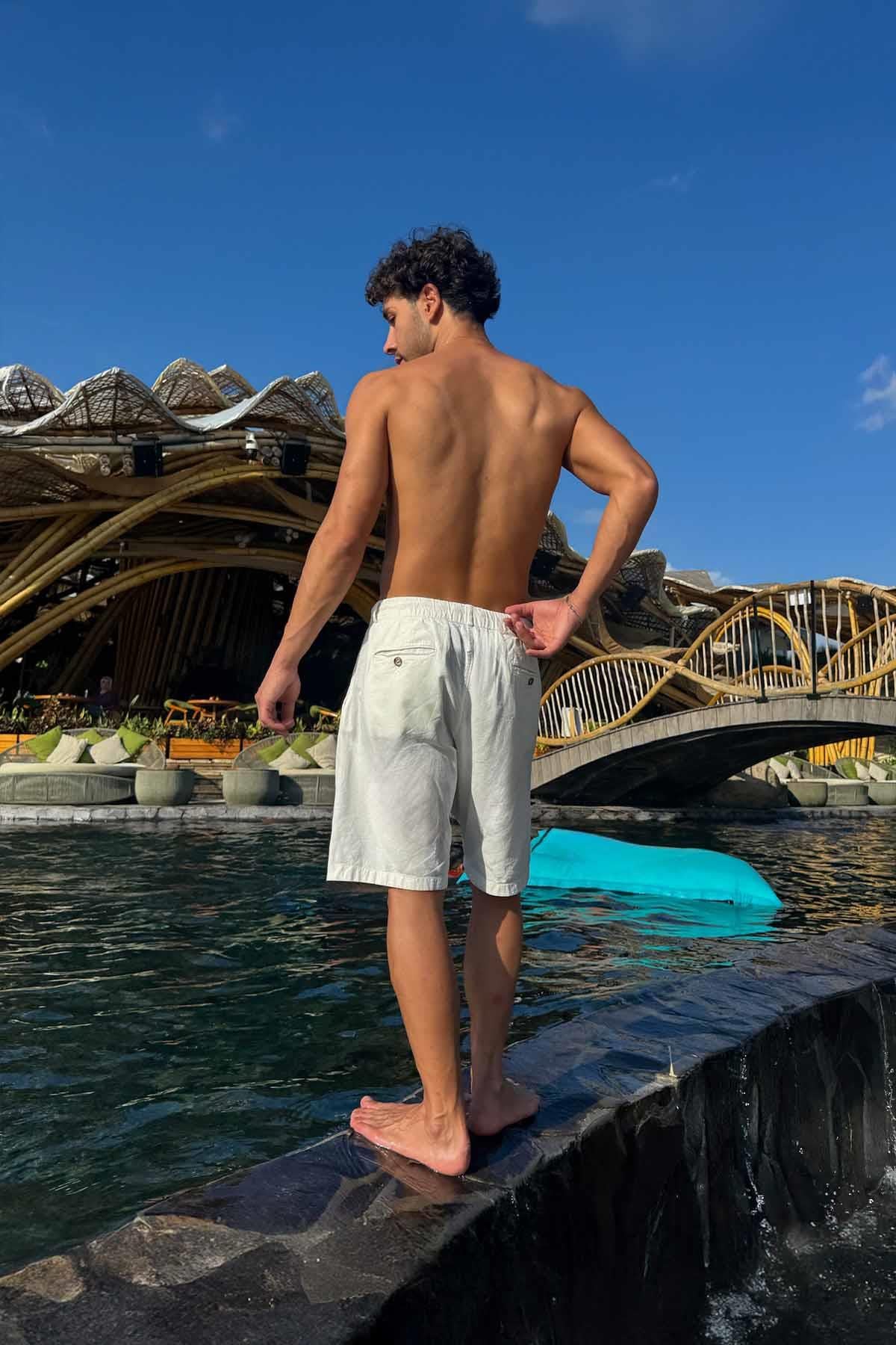 Bel Bağcıklı Keten Şort Ekru