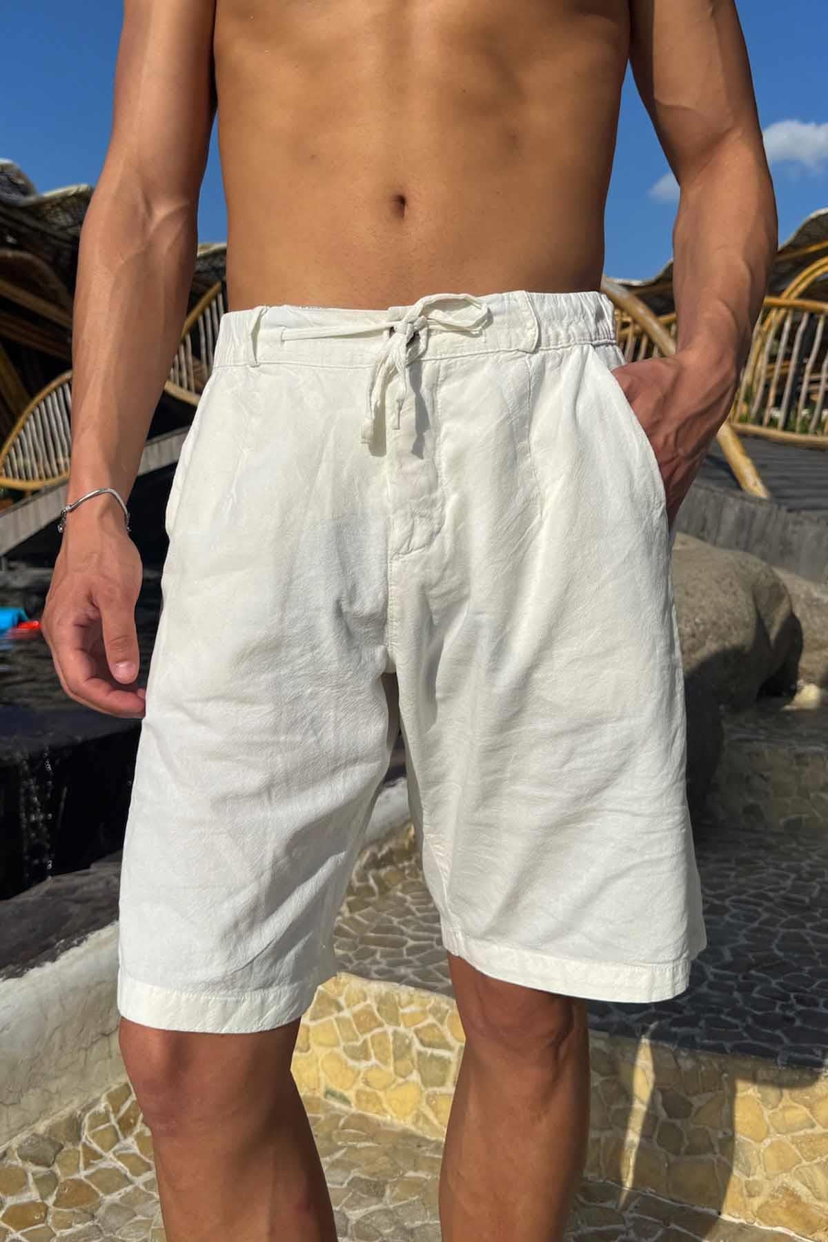 Bel Bağcıklı Keten Şort Ekru