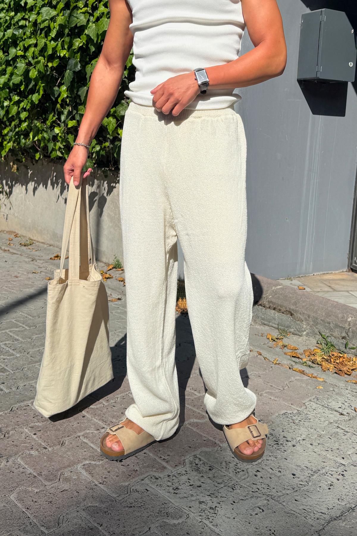 Bel Lastikli Basic Triko Pantolon Ekru