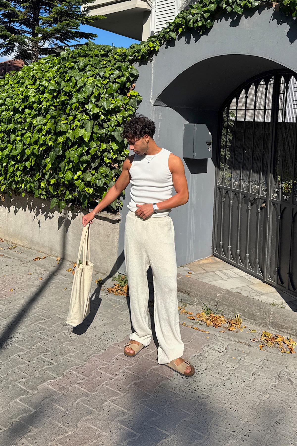 Bel Lastikli Basic Triko Pantolon Ekru