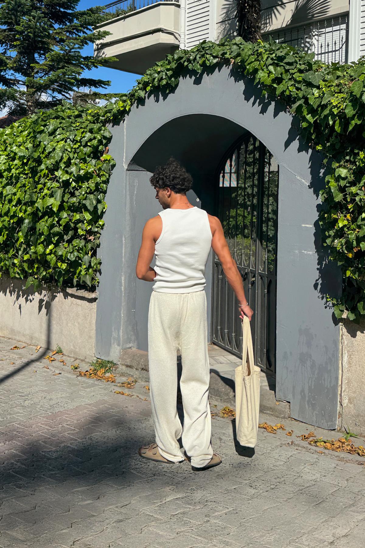 Bel Lastikli Basic Triko Pantolon Ekru