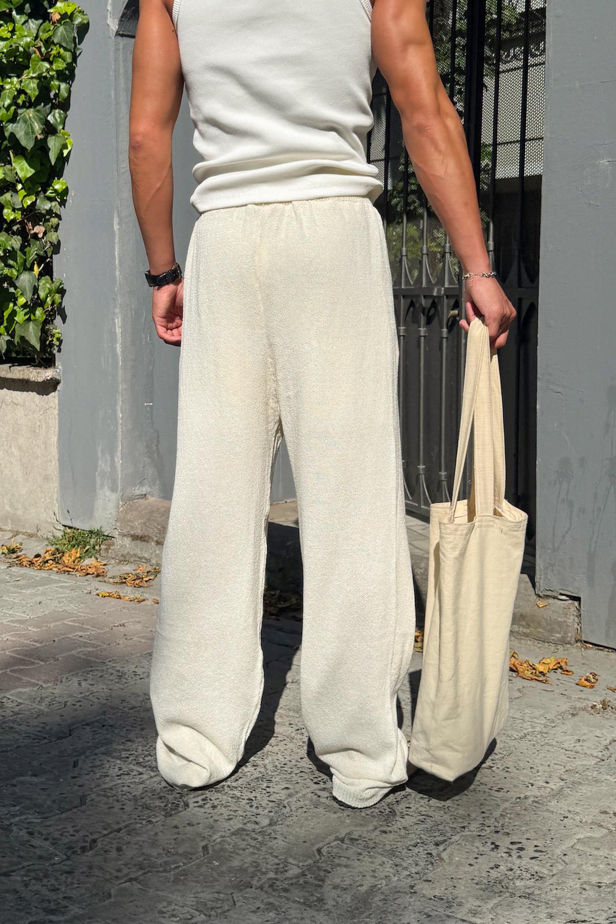 Bel Lastikli Basic Triko Pantolon Ekru