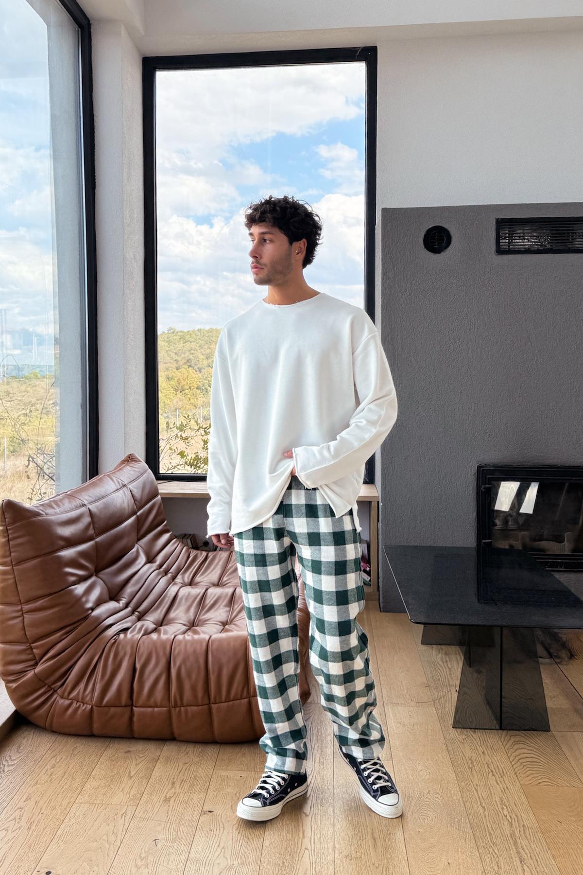 Bel Lastikli Ekose Model Eşofman Altı Yeşil