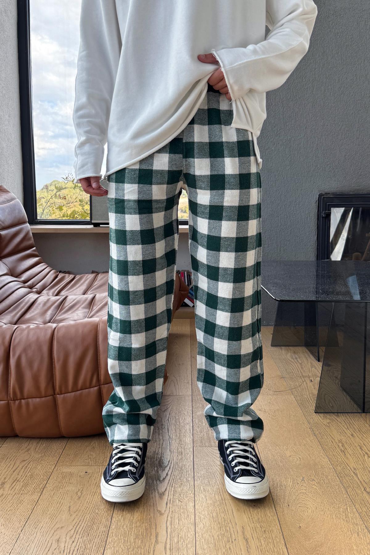 Bel Lastikli Ekose Model Eşofman Altı Yeşil